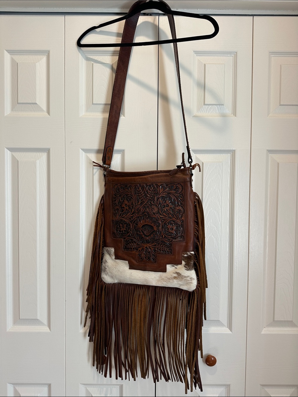 American Darling Fringed Tooled Leather Crossbody Bag with Cowhide Accent
